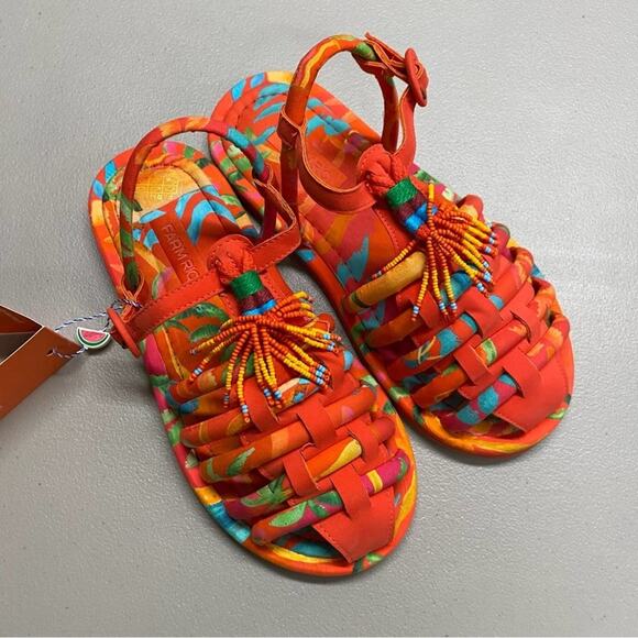 Farm Rio Sandal Flat Tropical Tube Strap Buckle Beaded Orange Size 7 NIB - Picture 2 of 9